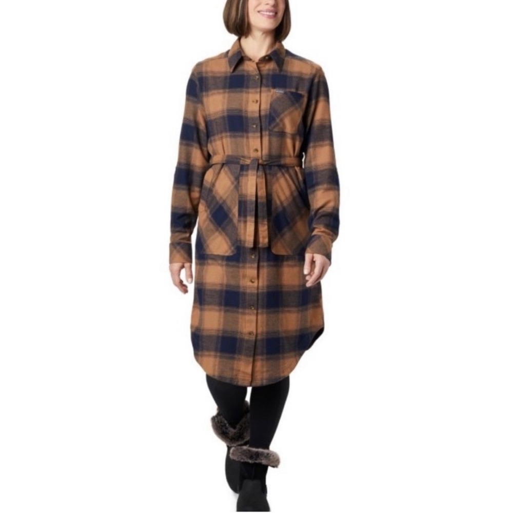 Columbia Women's Plaid Flannel Shirt Dress Belted Button Down Long Sleeve